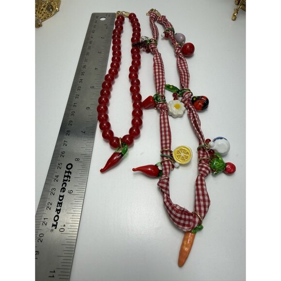 ZARA Red Beaded Gingham Vegetable Charm Layered Necklace Set - Picture 3 of 5
